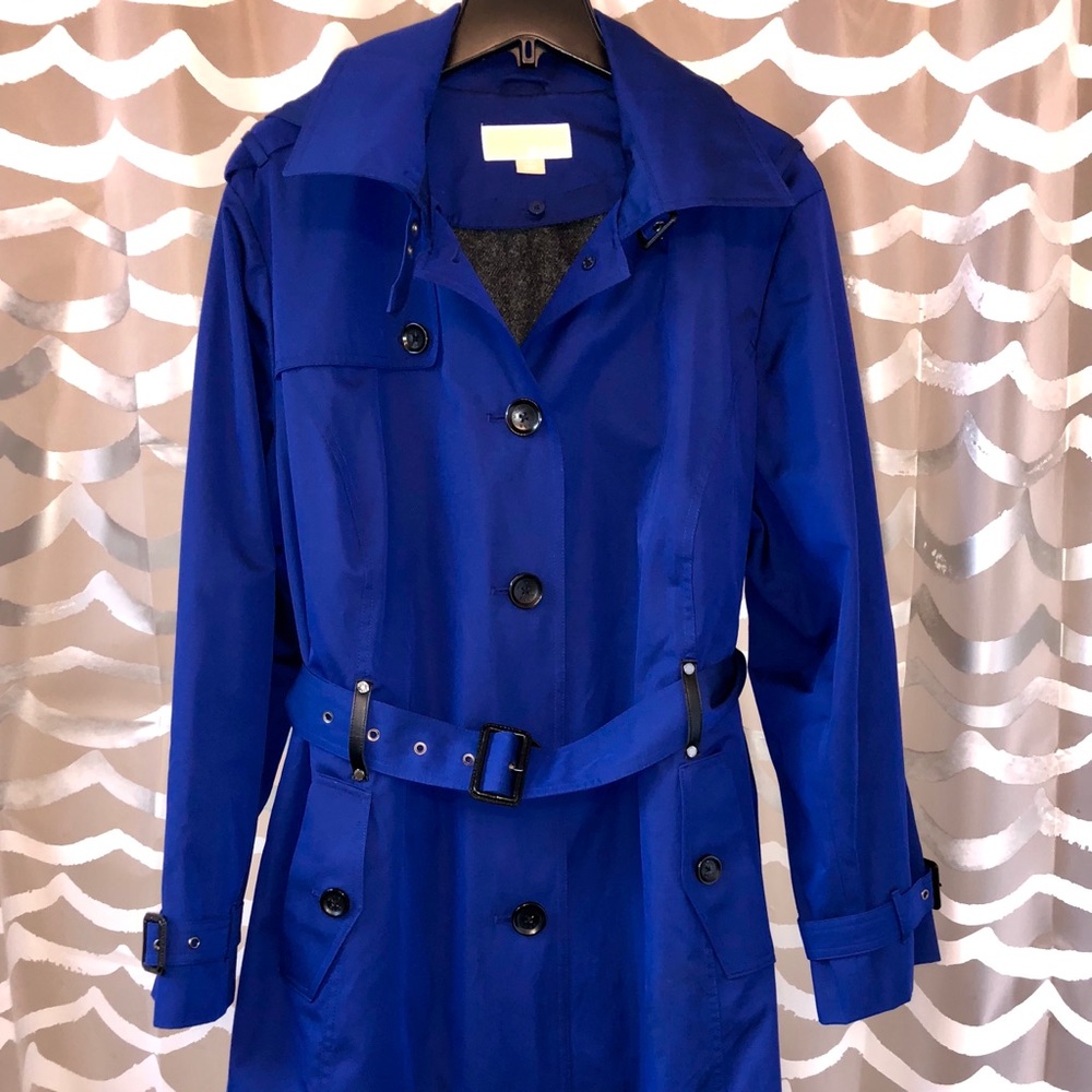 Michael Kors Blue Lined Hooded Rain Trench Coat